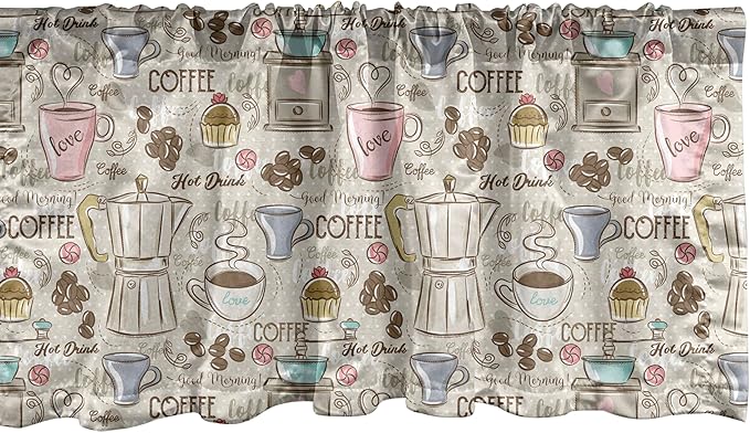 Ambesonne Modern Window Valance Pack of 2, Coffee Time Vintage Espresso Machine Cupcakes Beans Design, Rod Pocket Curtain Valances for Kitchen Bedroom, 54" X 12", Pale Pink Beige
