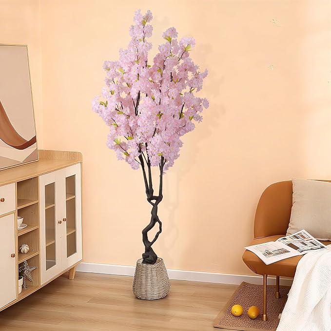Artificial Pink Cherry Blossom Tree,7ft(84in) Faux Japanese Sakura Indoor Decoration,Natural Fake Cherry Floral Tree Outdoor Decor,Realistic Silk Pink Flowers for Living Room,Office,Wedding Party