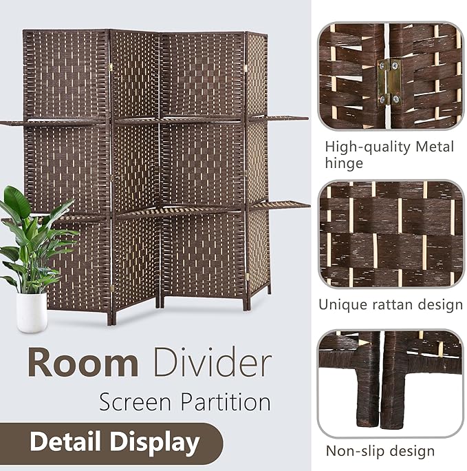 FDW Room Divider 4 Panel Wooden Screen Folding Portable Partition Screens Wood with Removable Storage Shelves Color, Dark Brown