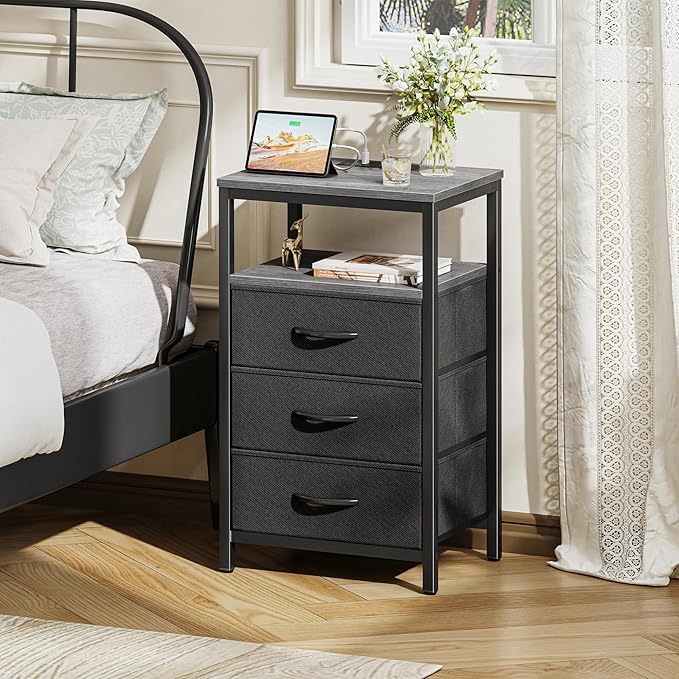 Huuger Nightstand with Charging Station, 27.6 Inch End Table Bedside Table with USB Ports and Outlets, Fabric Drawers, Night Stand for Bedroom, Charcoal Gray