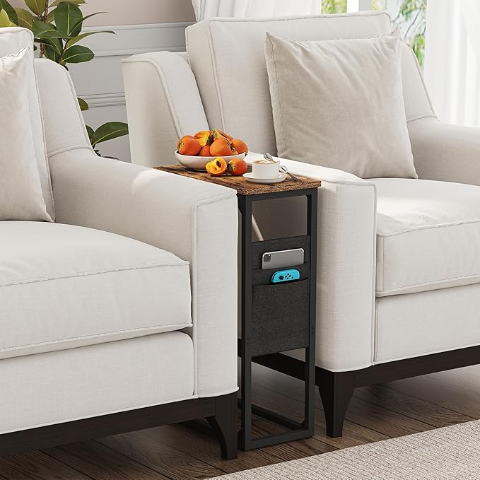 TUTOTAK C Shaped End Table, Side Table for Couch, Sofa Table with Storage Bag, TV Tray for Living Room, Bedroom, Brown TB01BB0822