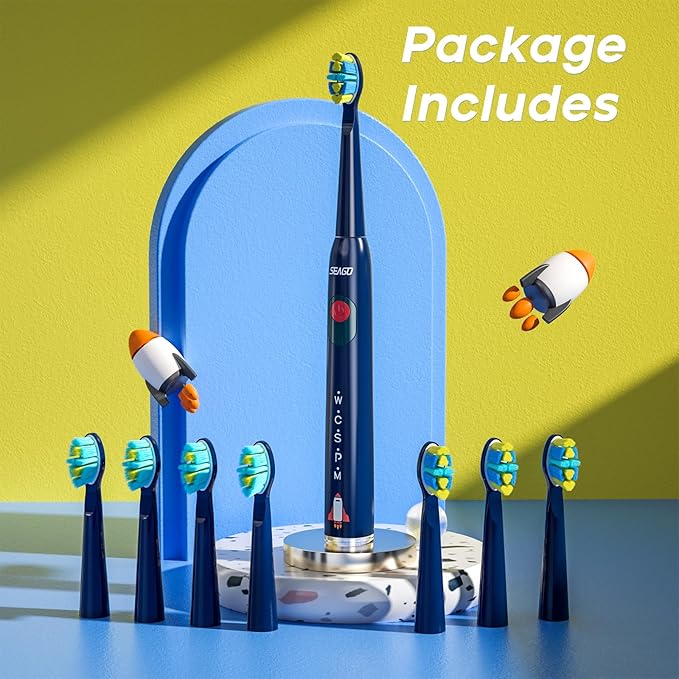 SEAGO Kids Electric Toothbrush, Rechargeable Sonic Soft Bristle Toothbrushes with 8 Brush Heads, DIY Stickers and 5 Modes, Ideal for Kids and Children, Ages 3–12，SG2303(Navy)