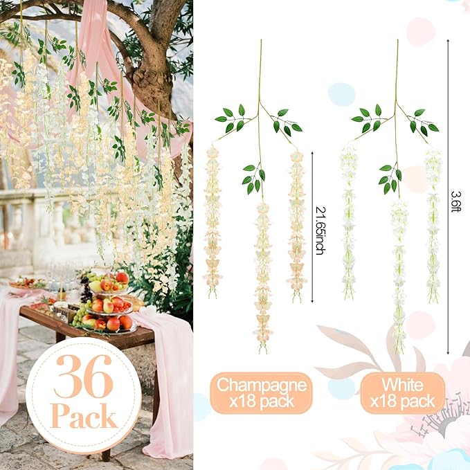 Giegxin 36 Pcs Artificial Wisteria Hanging Flowers 3.6 ft Artificial Fake Wisteria Vine Rattan Hanging Garland Silk Flowers String for Wall Home Wedding Party Greenery Decorations (Champagne,White)