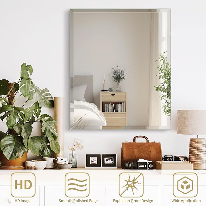 24"x30" Frameless Rectangle Wall Mirror with 1 inch Beveled Edge for Bathroom Vanity
