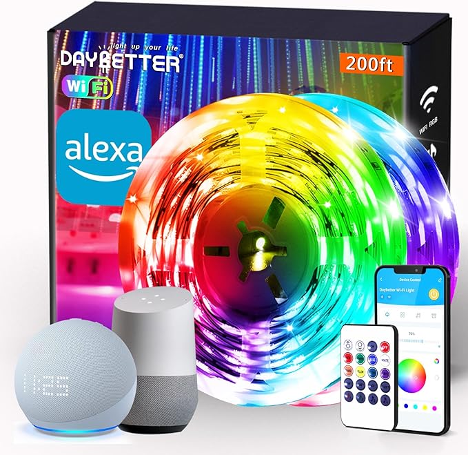 DAYBETTER Smart WiFi Led Strip Lights 200ft App Controlled Work with Alexa and Google Assistant Timer Schedule RGB Strip Color Changing Décor for Bedroom Party Kitchen 100ft*2, TCF0223120W-WA01-V2