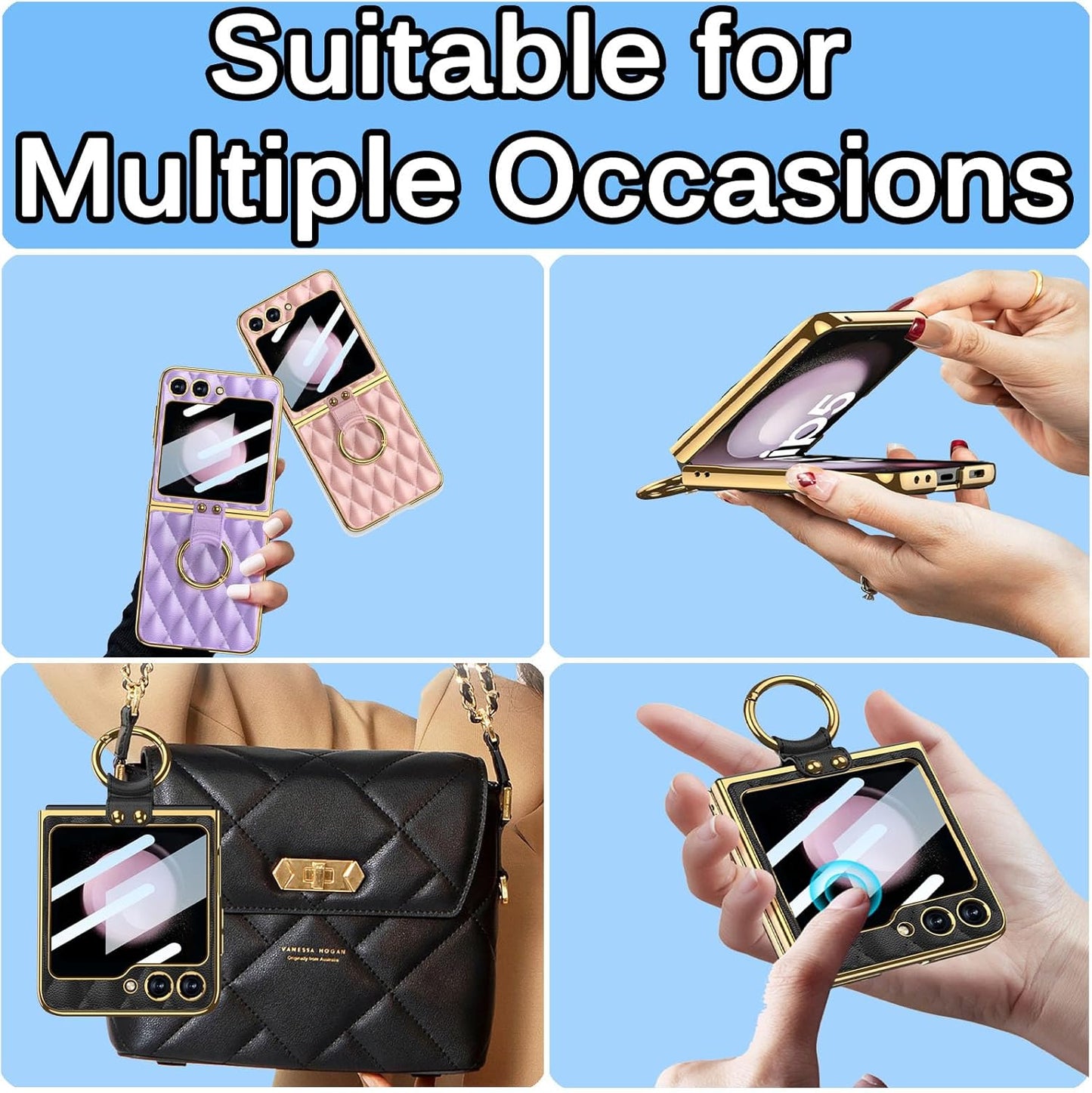 Miimall Leather Case with Ring for Samsung Z Flip 5 5G, Pink, Back Screen Protector + Metal Ring Holder Kickstand