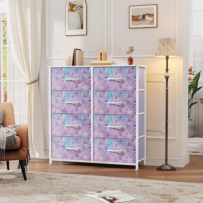 DWVO Dresser with 8 Drawers - Fabric Storage Tower, Organizer Unit for Bedroom, Hallway, Closets - Sturdy Steel Frame, Wooden Top & Easy Pull Fabric Bins (Purple)
