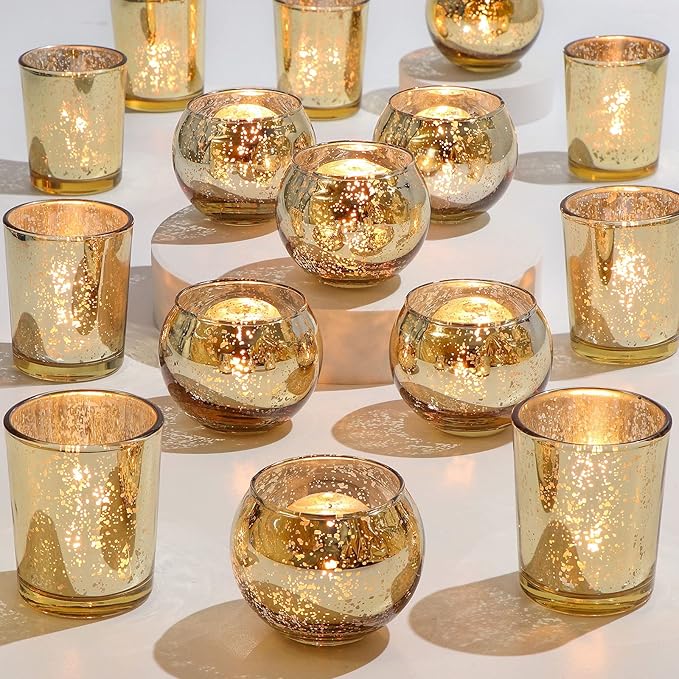 DEVI 24pcs Assorted Gold Votive Candle Holders, Mercury Glass Candle Holder, Diwali Decorations, Gold Wedding Centerpieces for Tables, Gold Bridal Shower PartyTable Decorations