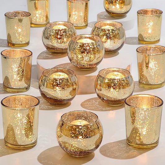 DEVI 24pcs Assorted Gold Votive Candle Holders, Mercury Glass Candle Holder, Diwali Decorations, Gold Wedding Centerpieces for Tables, Gold Bridal Shower PartyTable Decorations