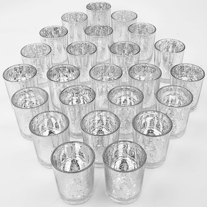 24 Pcs Silver Votive Candle Holders, Speckled Mercury Silver Glass Candle Holder Bulk for Wedding Centerpiece Table Decor, Tea Lights Candle Holder for Valentines Day Decor, Home Decor