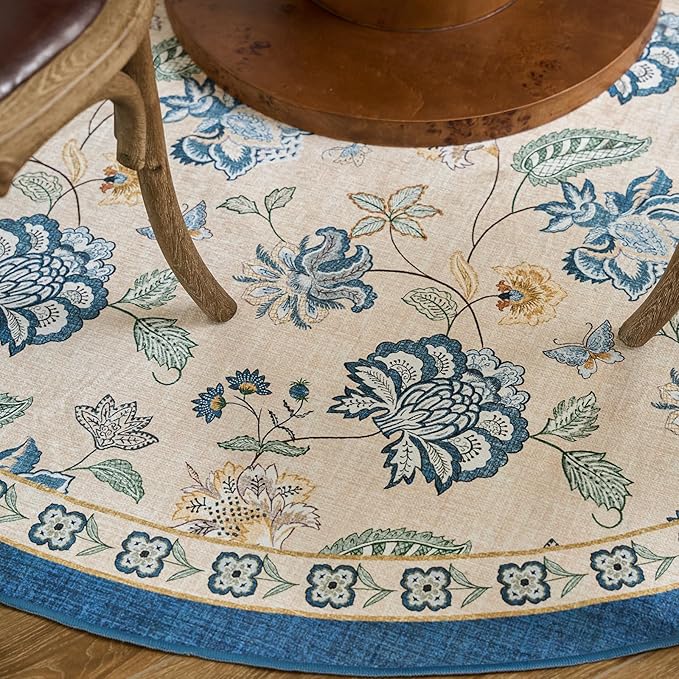 jinchan 7ft Floral Round Rug for Dining Room Washable Living Room Rug Vintage Romance Design Non Slip Indoor Floor Cover Lightweight Low-Profile Throw Carpet for Bedroom Porch Patio, Blue/Beige