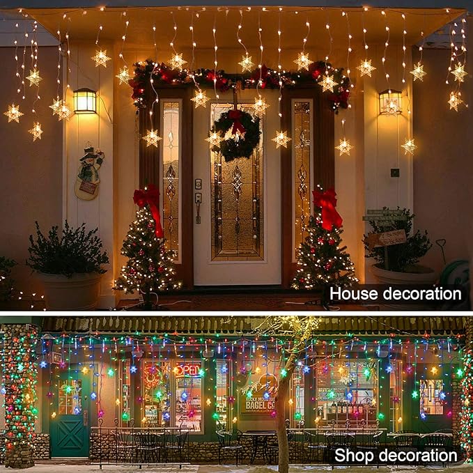 Christmas Snowflake Icicle Lights - Connectable 40ft 360 LEDs Multicolor/Warm White 20 Color Changing Waterproof Outdoor LED Christmas Lights With RF Control for House Curtain, Eaves, Xmas Decorations