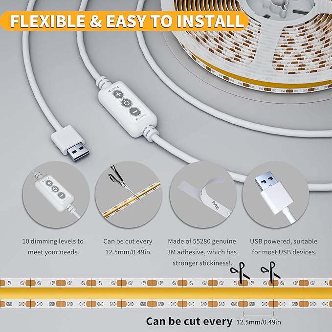 PAUTIX COB LED Strip Light 5V USB 9.84ft/3m 640LEDs 1200lm Dimmable LED Strip Light 3000K Warm White CRI90+ USB TV Backlight,Flexible Under Cabinet Tape Light for Bedroom,Kitchen,Home DIY Lighting