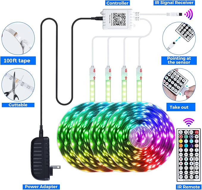 QZYL LED Lights for Bedroom 100 FT(4 Rolls), Strip Lights with App Control, Sync to Music 5050 RGB with 44 Keys IR Remote for Room Party Home Decorations