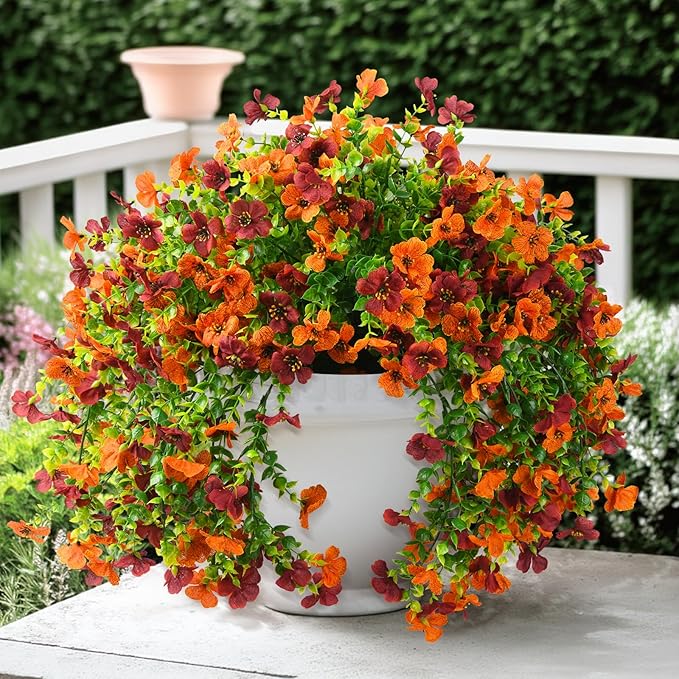 Artificial Hanging Flowers Plants for Outdoor Fall Decoration, 2PCS Faux Silk Daisy UV Resistant Look Real for Outside Home Indoor Planter Porch Window Yard Mums Autumn Decor(Orange Brown)