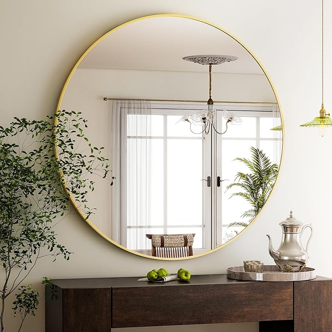 HARRITPURE 48 Inch Round Mirror, Gold Circle Bathroom Mirror, Modern Aluminum Alloy Frame Large Vanity Wall Mirror for Living Room, Bedroom, Entryway