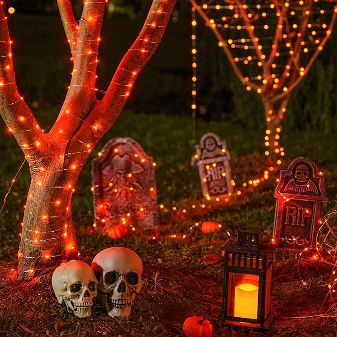 JMEXSUSS 2 Pack Halloween Fairy Lights Battery Operated, Total 400 LED 132ft Orange Twinkle Fairy Light with Remote, 8 Modes Orange String Lights for Halloween Tree Bedroom Wreath Decoration