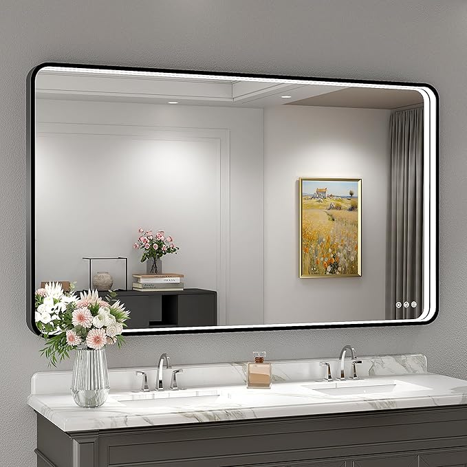 55x32 Inch LED Bathroom Mirror with Lights, Black Metal Framed LED Mirror for Bathroom, 3 Colors and Stepless Dimmable Wall Mounted Lighted Bathroom Vanity Mirror, Anti-Fog, Memory