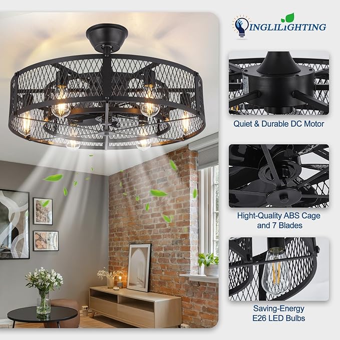 DLLT Caged Ceiling Fan with Lights: 26" Bladeless Fandelier with Light and Remote - Black Industrial Chandelier Fan Light for Bedroon Living Dining Room Kitchen