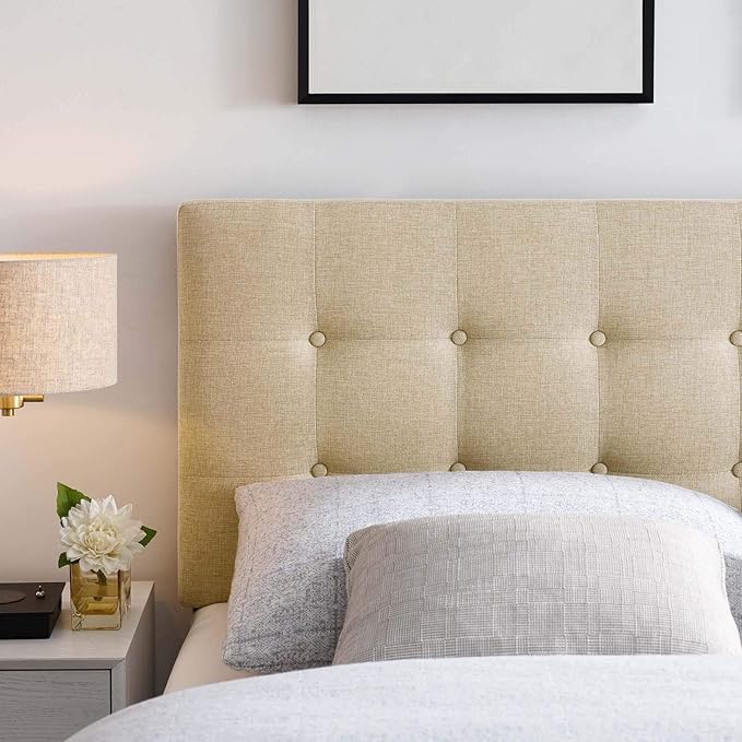 Modway Emily Tufted Button Linen Fabric Upholstered Full Headboard in Beige