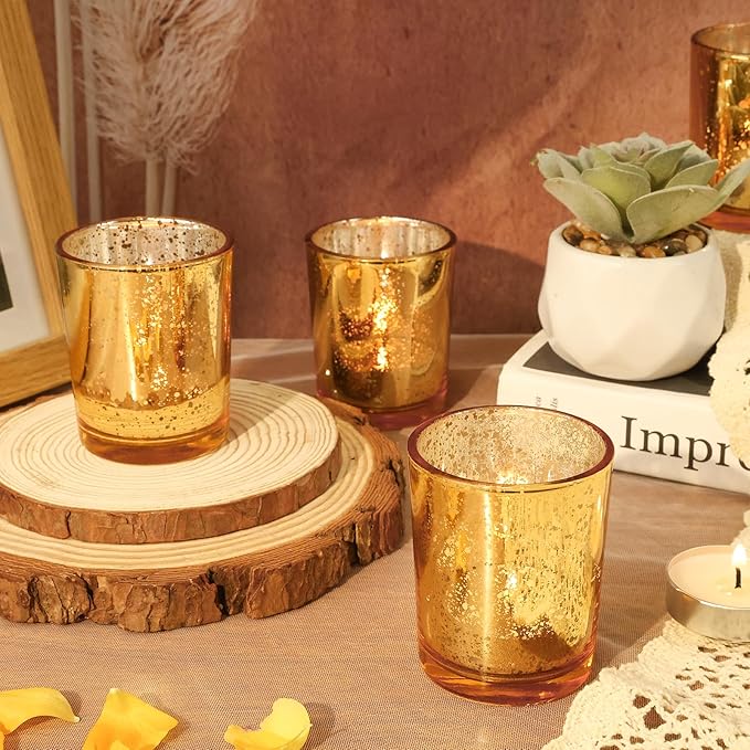 24 Pcs Gold Votive Candle Holders, Speckled Mercury Gold Glass Candle Holder Bulk for Wedding Centerpiece Table Decor, Tea Lights Candle Holder for Valentines Day Decor, Home Decor