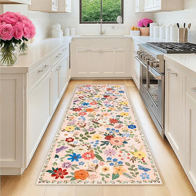 Runner Rug for Entryway: 2x10 Kitchen Rugs Non Slip Washable Ultra-Thin Soft Floral Carpet Indoor Floor Stain Resistant Carpets for Hallway Bedroom Kitchen Laundry Bathroom Dorm Beige