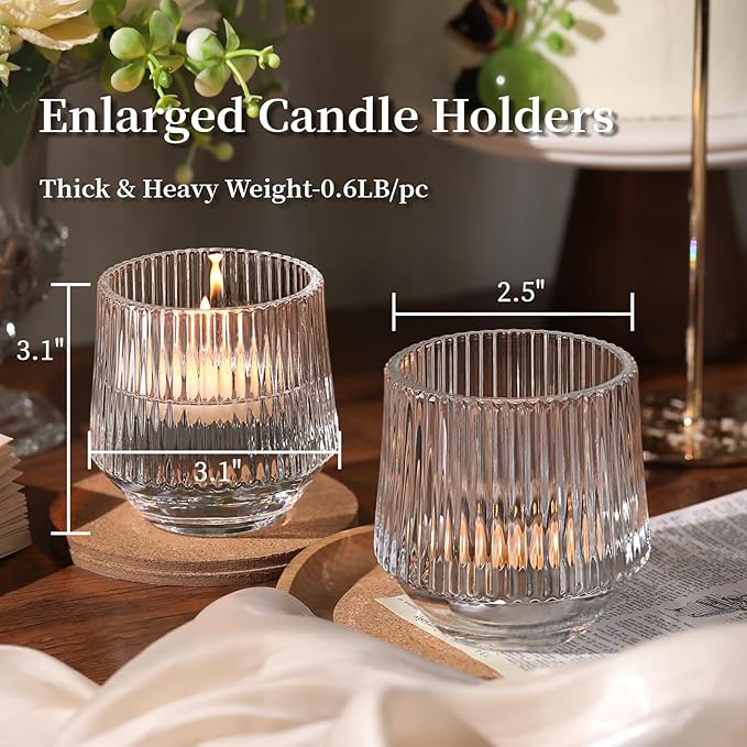 12 Pcs Large Glass Votive Candle Holders- 3.15"×3.15" Ribbed Candle Holders for Tealight Candles, Votives, Floatings, Tea Lights Candle Holders for Table Centerpieces, Wedding Table Decor