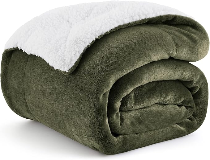 Bedsure GentleSoft Sherpa Fleece Throw Blanket Twin Size for Couch - Thick and Warm Throw for Women and Men, Soft Fuzzy Plush Twin Blanket for Winter, Olive Green, 60x80 Inches