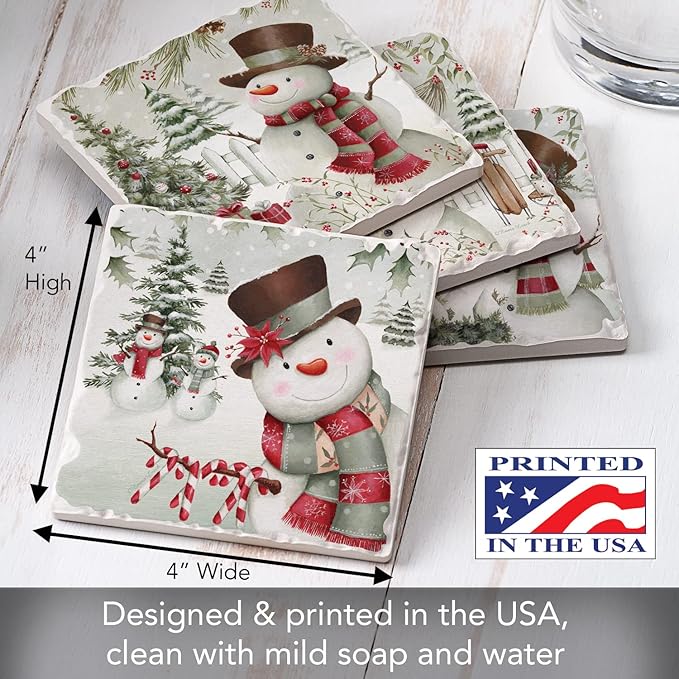 Thirstystone Brown Hat Snowman 4 Pack Assorted Tumbled Tile Stone Coasters with Protective Cork Backing 4" Square Manufactured in The USA