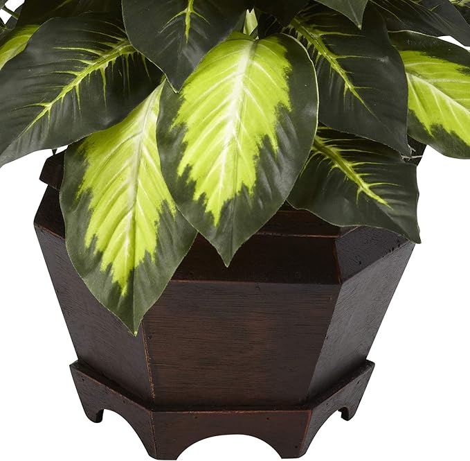 Nearly Natural 22IN Artificial Triple Golden Dieffenbachia Plant with Decorative Wood Planter, Faux Plant for Indoor Home Décor