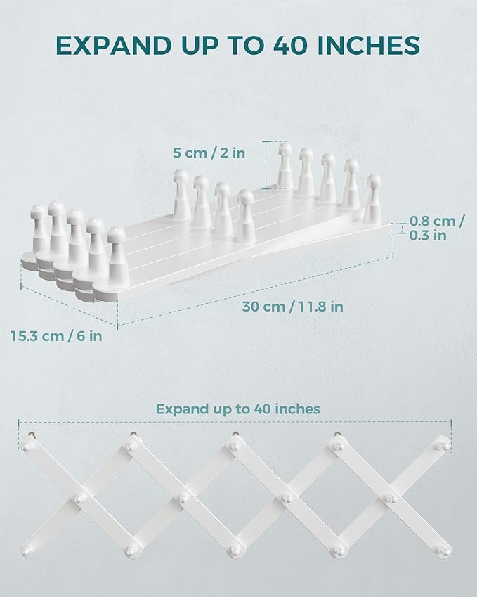 OROPY Wood Accordion Wall Hanger, Expandable Coat Rack Wall Mount with 14 Pegs, Expanding Hat Rack for Wall White