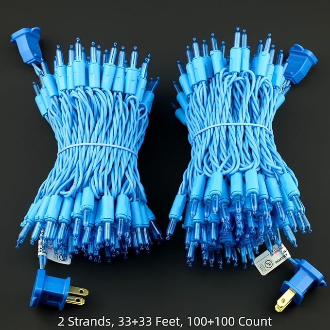 YULETIME 200 Blue LED Christmas Lights with Blue Wire, Pack of 2 Strands 33 Feet 100 Lights UL Certified Holiday String Light Set