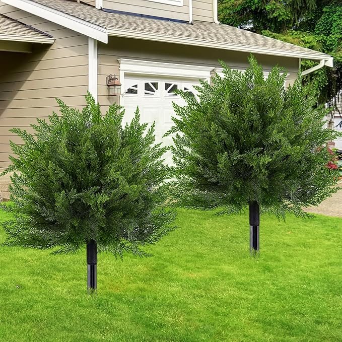 23.6" Artificial Cypress Topiary Christmas Tree with Spike, 2 Pack Faux Cedar Bushes UV Resistant Fake Shrubs for Front Porch Winter Decor (Cedar Topiary Ball Trees)