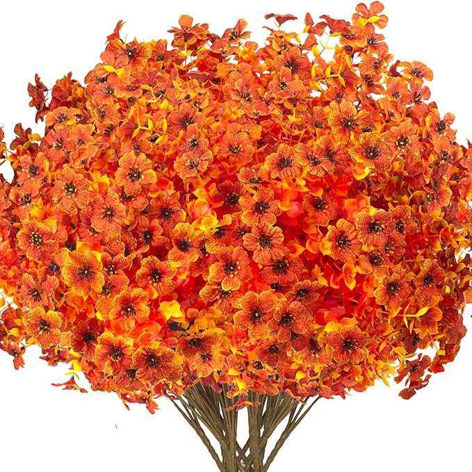 16 Bundles Artificial Fall Flowers for Outdoors Fake Plants UV Resistant Plastic Plants Shrubs Bushes for Home Fall Front Door Porch Garden Autumn Decor (Fall Orange)