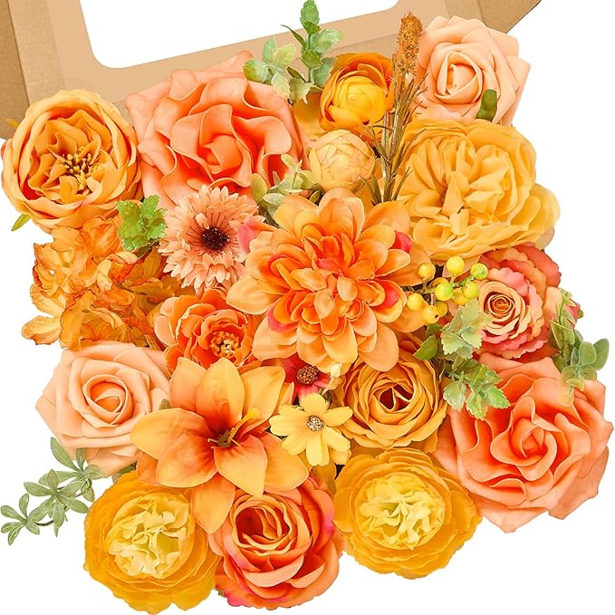Alecono Artificial Flowers, Bright Orange Silk Fake Flowers for DIY Fall Wedding Bridal Bouquets, Cake Flowers for Table Centerpieces Birthday Party Home Decorations