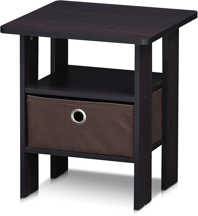 Furinno ANDREY Side Table, End Table, Night Stand with Open Shelves and Storage Bin, Bedside Table, for Living Room, Bedroom, Dark Walnut