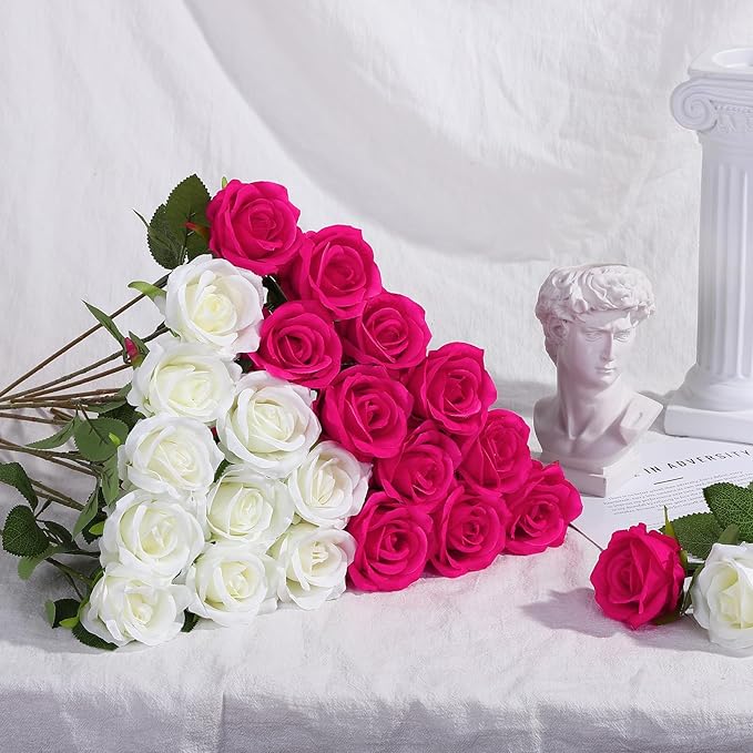 72 Pcs Hot Pink, White Artificial Roses, Bulk Fake Silk Flowers for Wedding Arch, Centerpieces, Vase Filler, Party Decor (36 Pink + 36 White)