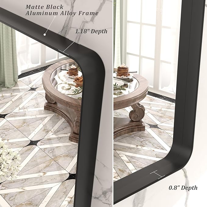 28x36 Black Matte Bathroom Mirror, Rectangle Framed Vanity Mirror for Wall, Rounded Corner, Anti-Rust, Shatterproof (Horizontally/Vertically)