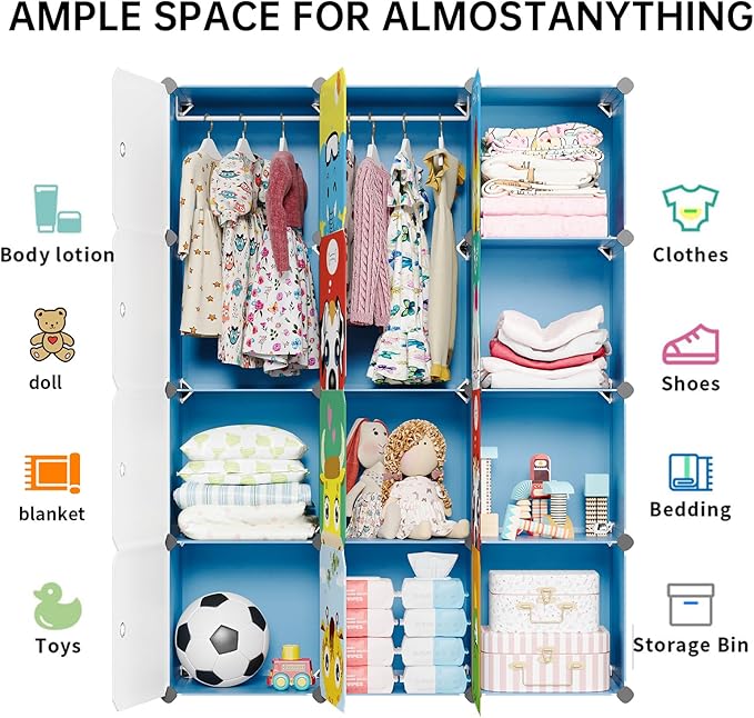 MAGINELS Kids Closet,Baby Wardrobe Closet with Door,Cute Portable Armoire Dresser,Clothes Hanging Storage Rack for Boy Bedroom,Blue,12 Cube(14x14inch)