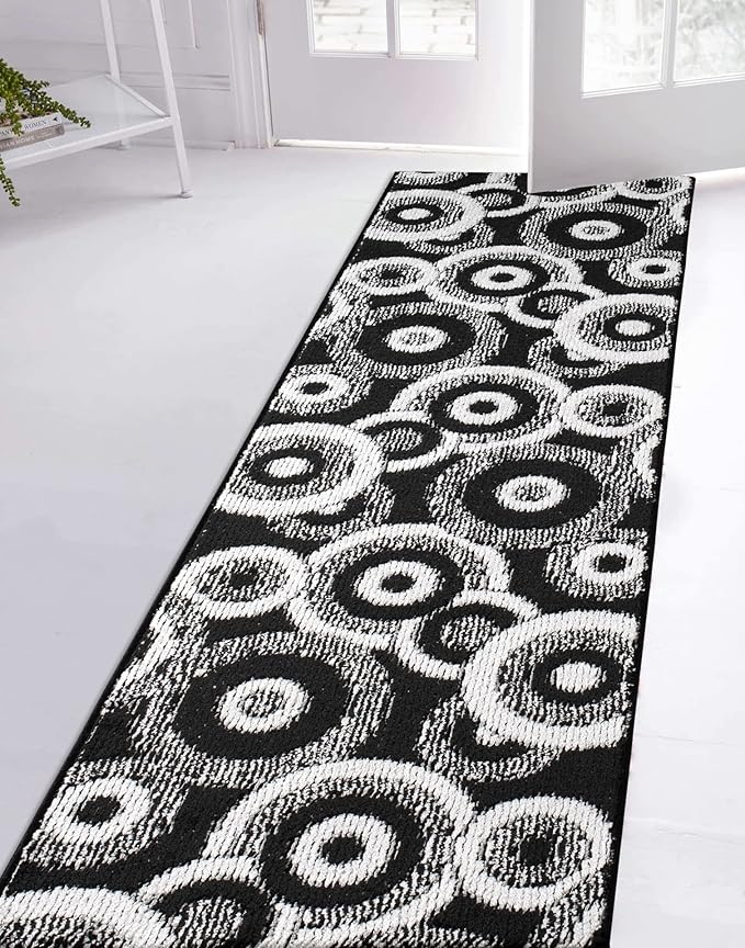 Custom Length Cut to Size Modern Farmhouse Carpet Runner Rug for Hallways, Non Slip Rubber Backed, 31 inch Wide X Customized Length, Geo Black, 31 inch X 13 feet