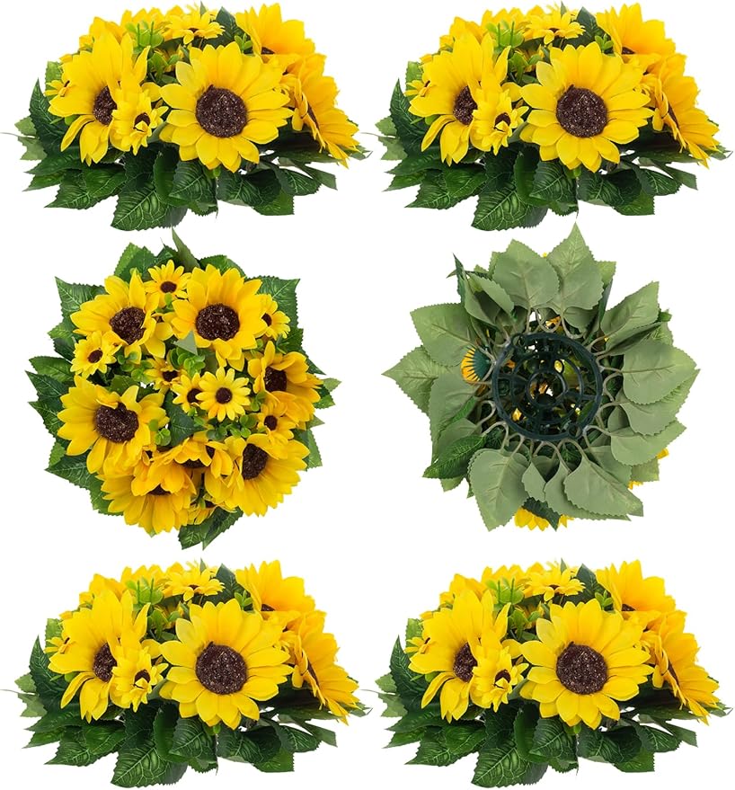 BLOSMON Sunflowers Artificial Flowers Centerpieces - 6 Pcs Fake Yellow Sunflower Flowers Ball Center Piece Decoration for Wedding Table Silk Kissing Floral Arrangements for Home Party Event DIY Decor