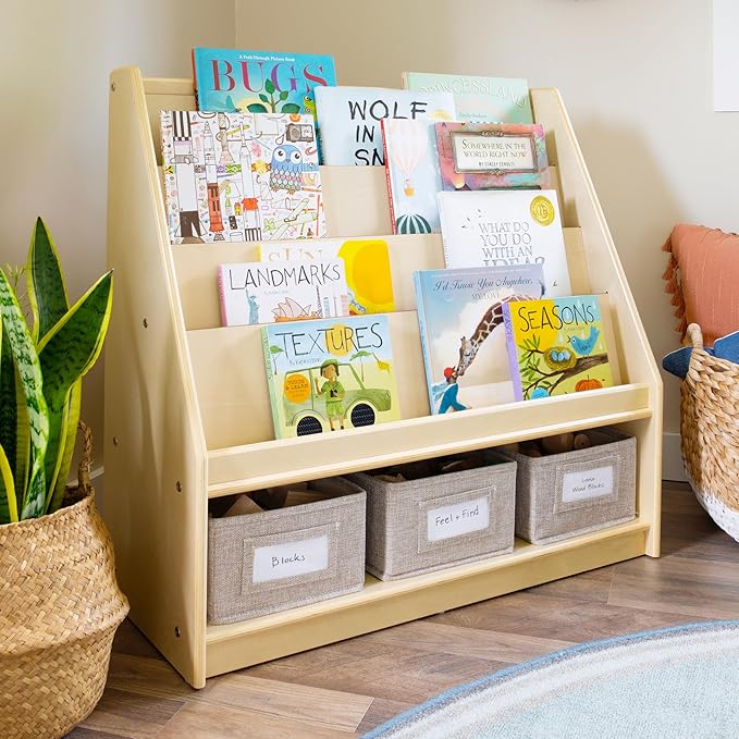 Guidecraft EdQ Book and Bin Display Natural with 3 Fabric Storage Bins: Wooden Multi-Purpose Bookcases and Toy Storage Organizer; Homeschool and Classroom Furniture
