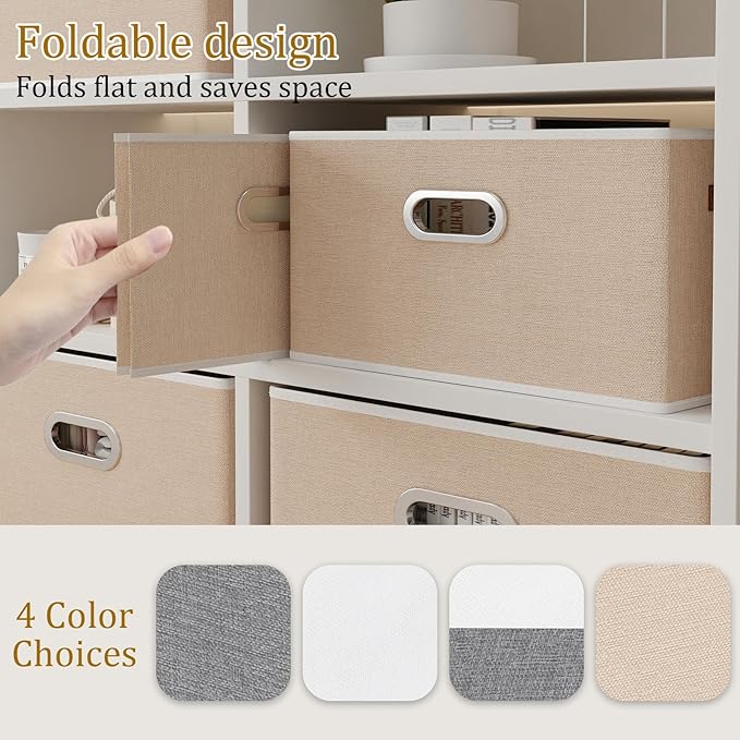 Yawinhe Fabric Storage Bins with Handles, Foldable Baskets for Shelves, Cubes with 3 Handles, Large Boxes for Clothes, Beige, 16.9''Lx11.8''Wx10.2''H, 6-Pack