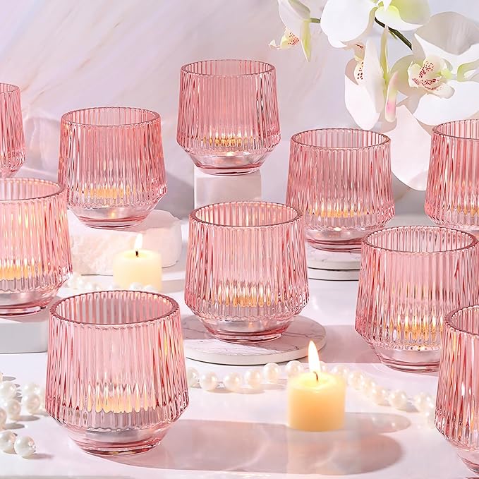 12 Pcs Large Pink Candle Holder- 3.15"×3.15" Ribbed Pink Vorive Candle Holders for Pink Bridal Shower Decorations, Girl Baby Shower Decorations, Pink Glass Candle Holder for Table Centerpiece