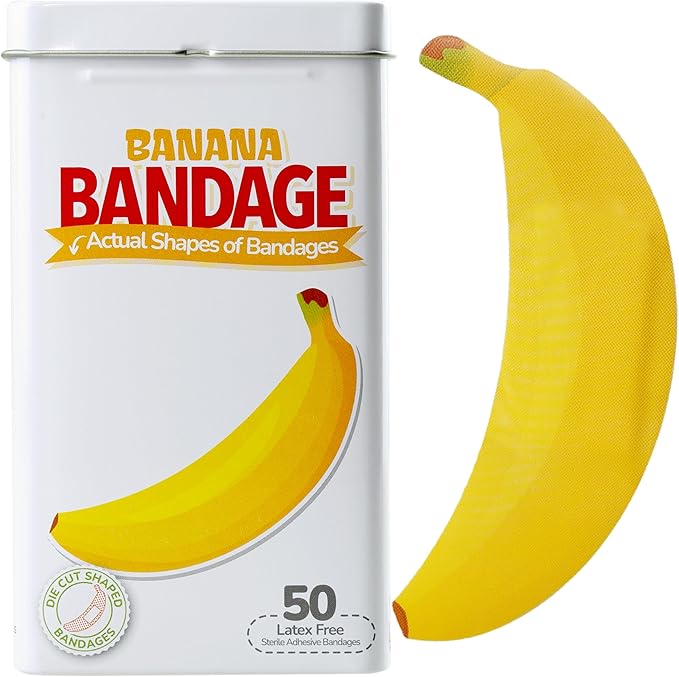 BioSwiss Bandages, Banana Shaped Self Adhesive Bandage, Latex Free Sterile Wound Care, Fun First Aid Kit Supplies for Kids, 50 Count
