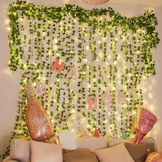 KASZOO 84Ft 12 Pack Artificial Ivy Garland Fake Plants, Vine Hanging Garland with CE Certified 80 LED String Light, Hanging for Home Bedroom Garden Party Wedding Wall Room Decor, Green