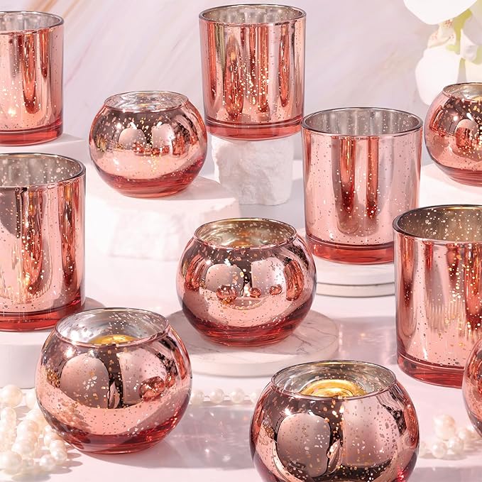 10 Pcs Assorted Rose Gold Candle Holders, Larger Size Mercury Glass Votives for Wedding, Rose Gold Birthday Decorations, Votive Candle Holders for Valentines/Bridal Shower/Sweet 16 Party Favors