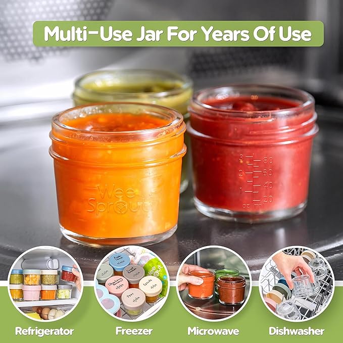 WeeSprout Baby Food Storage Glass Jars w/Lids (4 oz, 24 Pack) Bright Variety, Snack, Reusable Small Containers, Fridge or Freezer, Microwave & Dishwasher Safe, Essentials for Infants