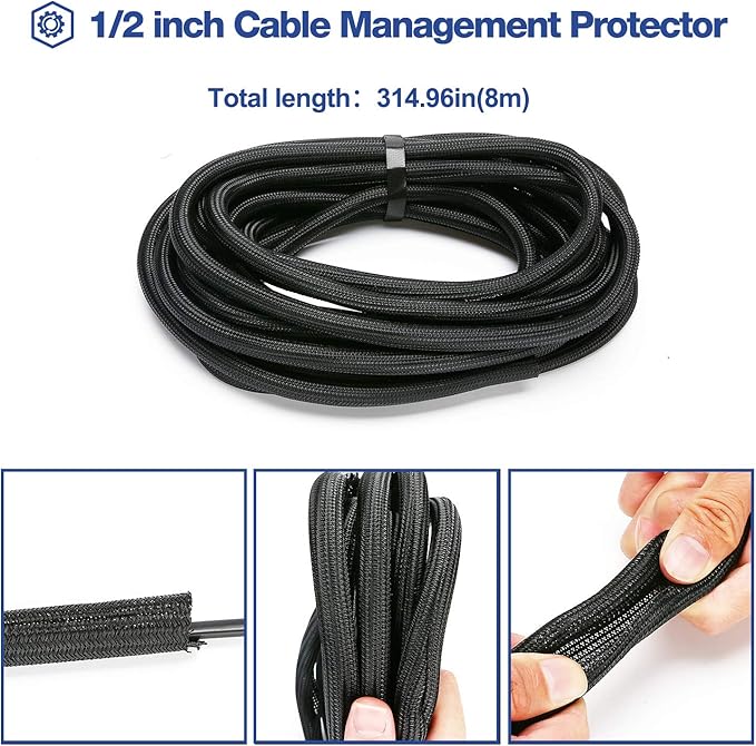 JOTO 1 Pack Cable Management Sleeve, 26 Feet Cord Organizer System with Zipper for TV Computer Office Home Entertainment, Flexible Cable Sleeve Wrap Cover Wire Hider System -Black