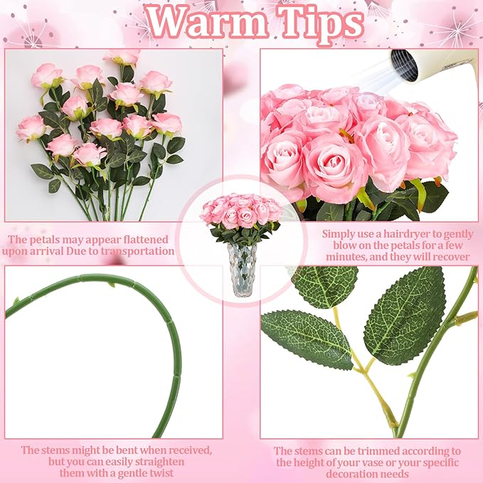32 Pcs Light Pink Artificial Flowers Bulk, 20" Silk Gradient Blush Pink Real Touch Roses for DIY Wedding Bridal Bouquets, Centerpieces, Home Decor